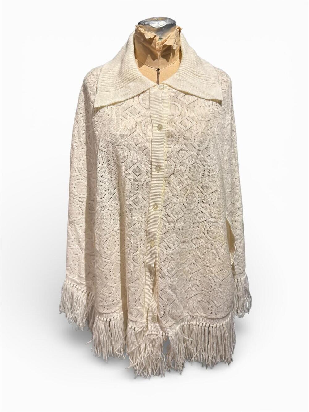 Cream Button-Up Vintage Knit Poncho Cape with Fringe Hem